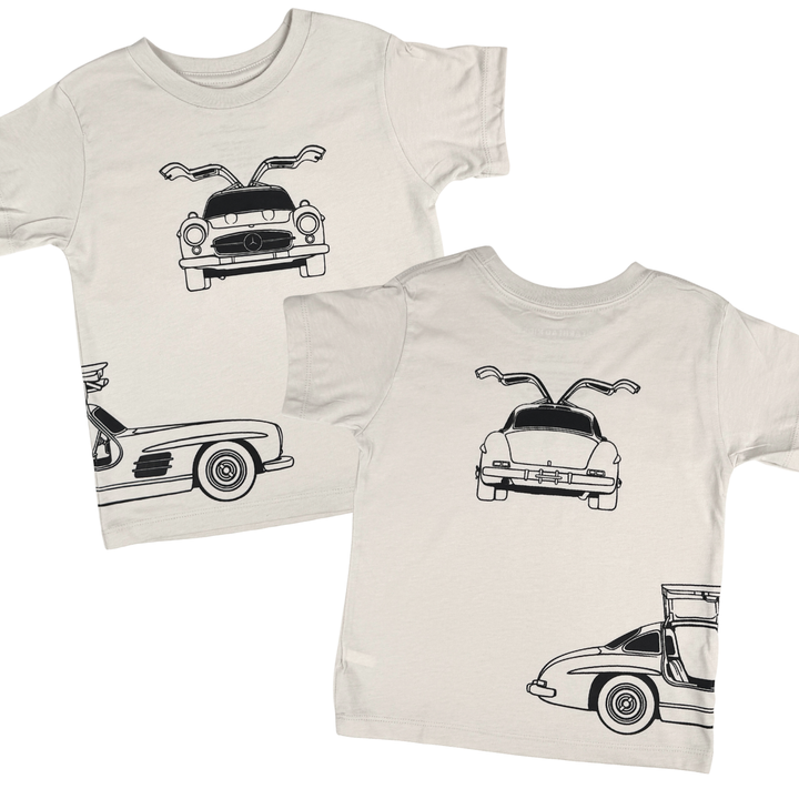 Dust color t-shirt featuring Mercedes-Benz 300SL Gullwing front, back, and side profile outlines. Gearhead Kids - Automotive Clothes for Kids