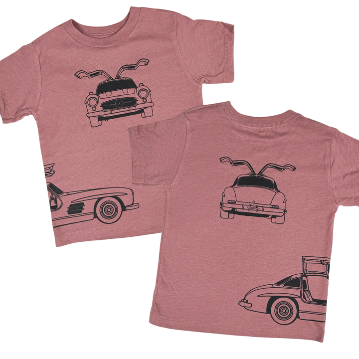 Mauve color car themed t-shirt with graphics of a Mercedes-Benz 300SL Gullwing front, back, and side profile outlines.  Gearhead Kids - Automotive Clothes for Kids - German Cars T-Shirt