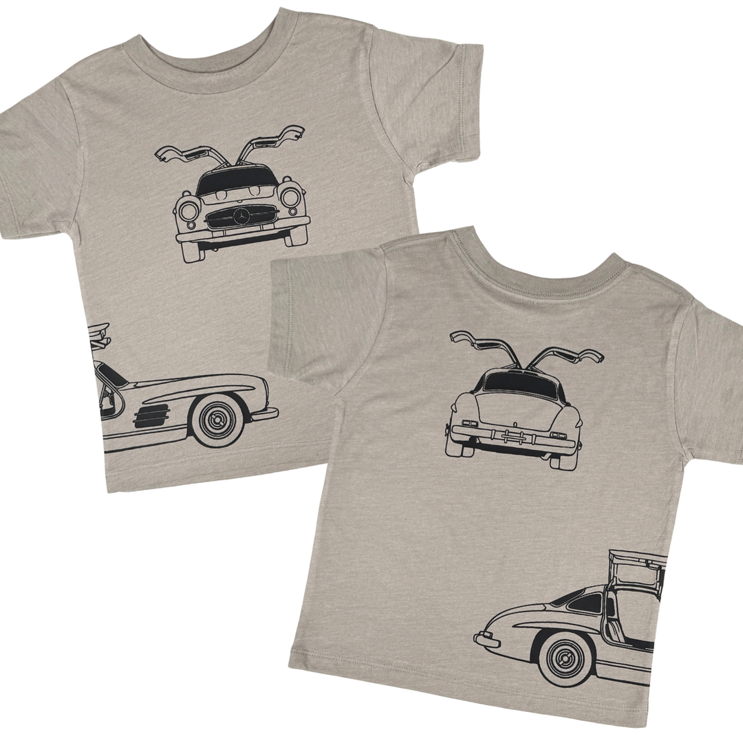 Stone color t-shirt featuring Mercedes-Benz 300SL Gullwing front, back, and side profile outlines. Gearhead Kids - Car Apparel for Kids