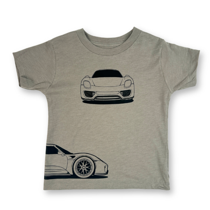 Minimalist Porsche 918 Spyder graphic tee in stone - front view - Gearhead Kids