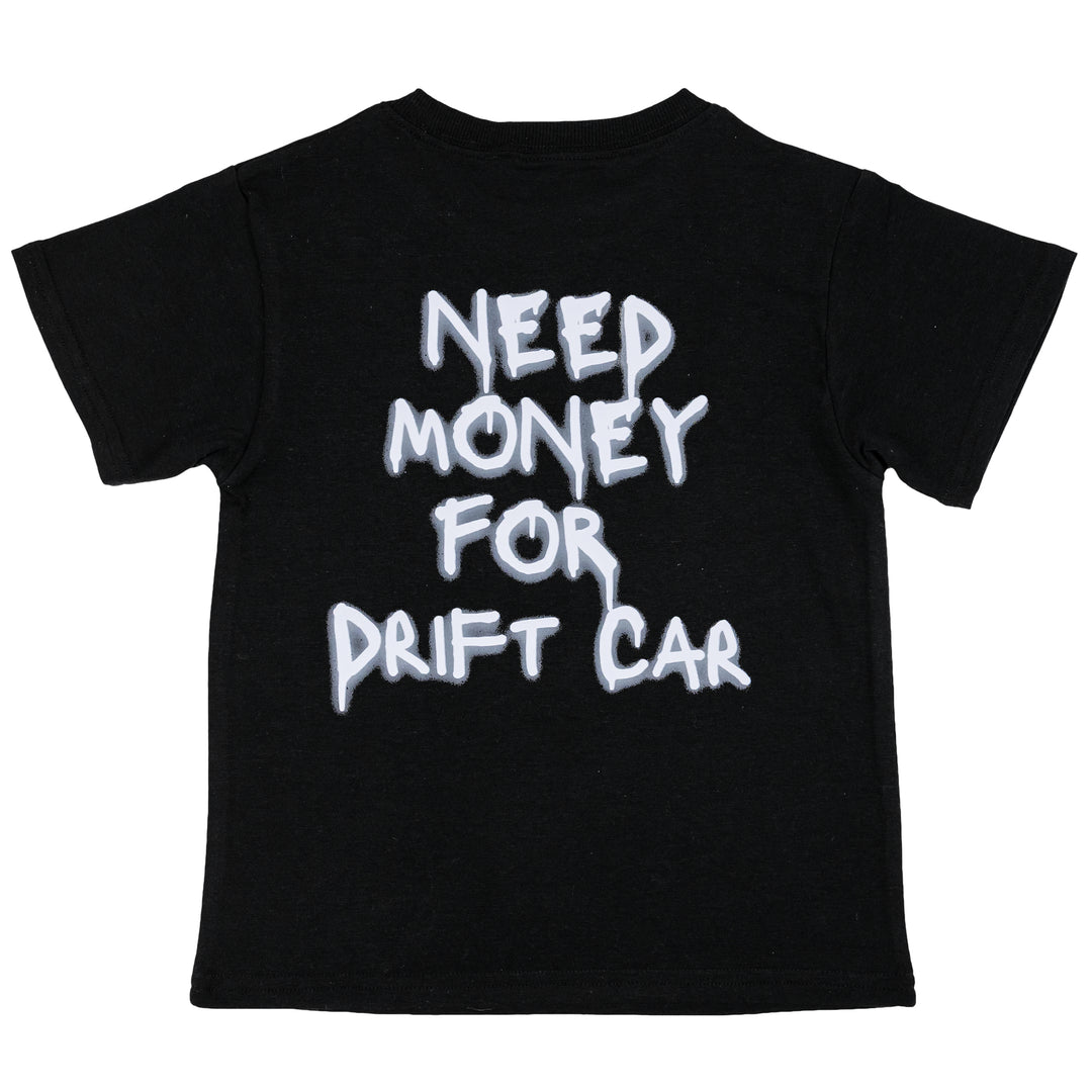 Kid's black t-shirt with NEED MONEY FOR DRIFT CAR on the back in graffiti style font | Gearhead Kids - clothes for little car enthusiasts