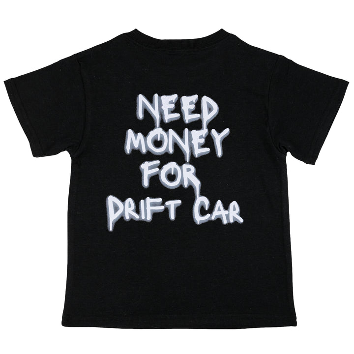 Kid's black t-shirt with NEED MONEY FOR DRIFT CAR on the back in graffiti style font | Gearhead Kids - clothes for little car enthusiasts