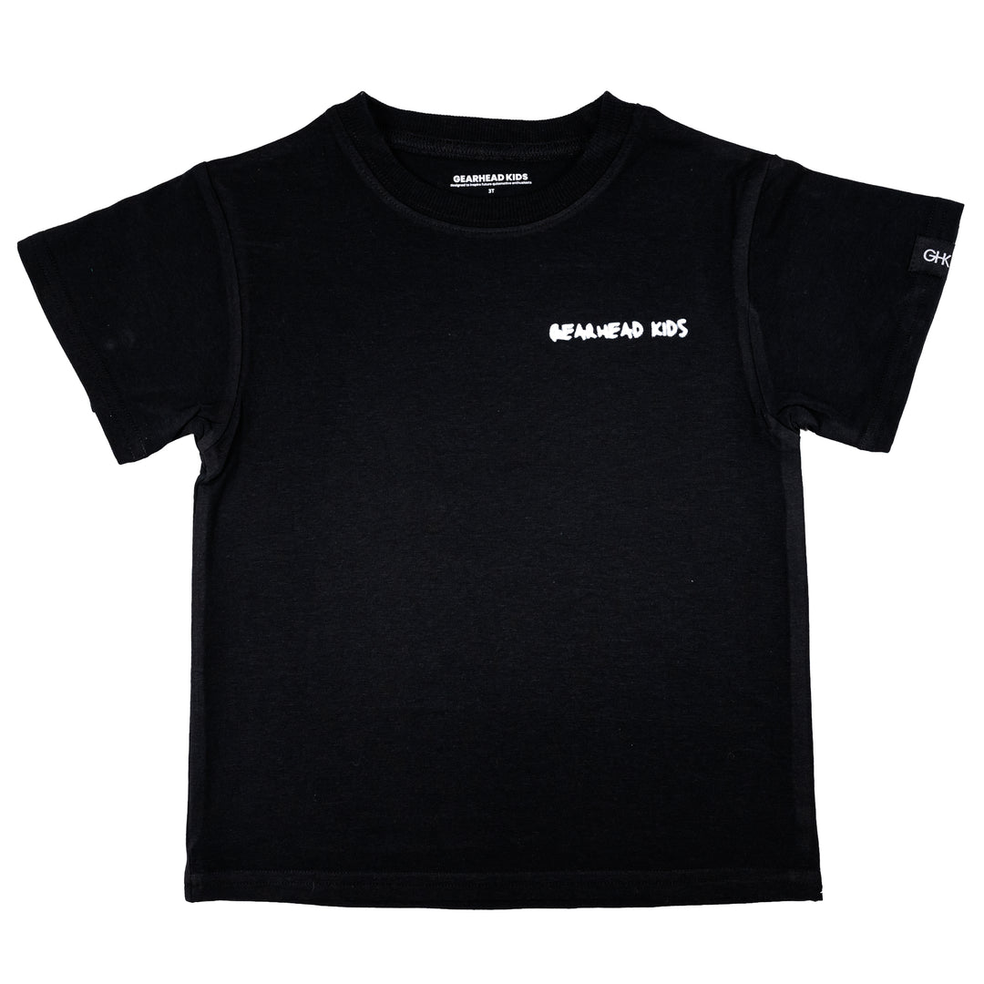 Front profile of Gearhead Kids black t-shirt. 