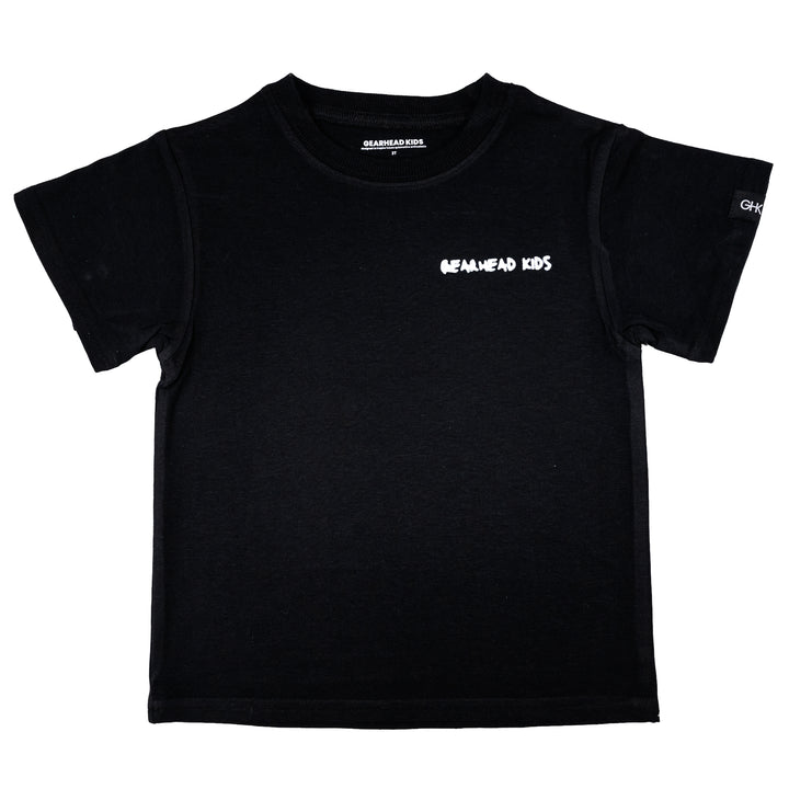 Front profile of Gearhead Kids black t-shirt. 