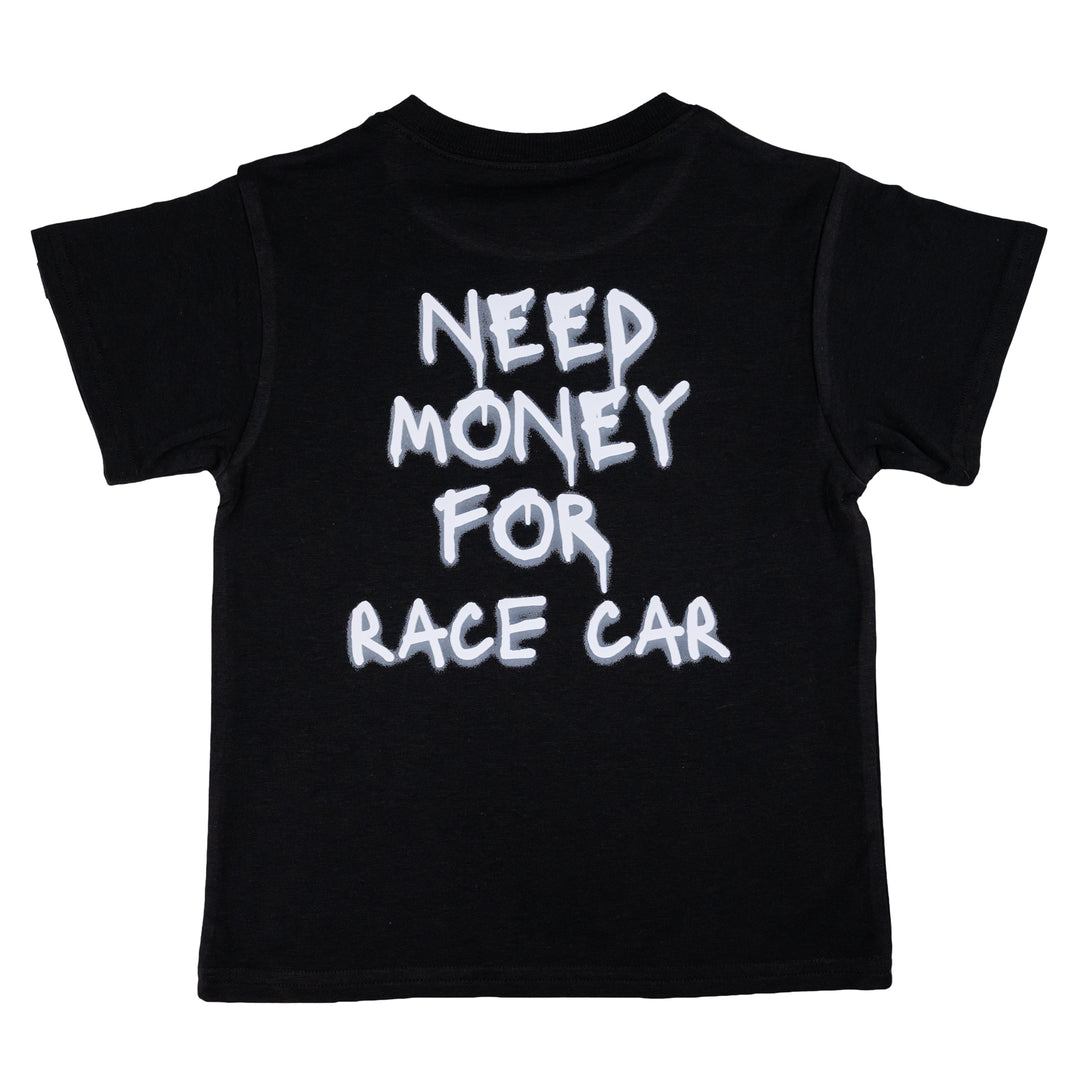 Black Gearhead Kids t-shirt with NEED MONEY FOR RACE CAR written on the back in a graffiti style font.  
Gearhead Kids - car themed clothing for kids.