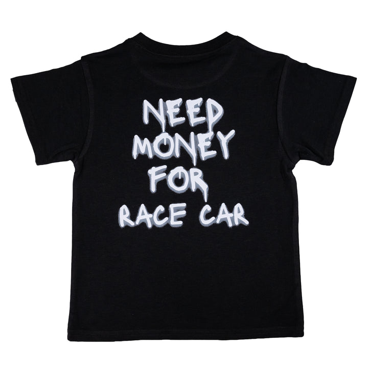 Black Gearhead Kids t-shirt with NEED MONEY FOR RACE CAR written on the back in a graffiti style font.  
Gearhead Kids - car themed clothing for kids.