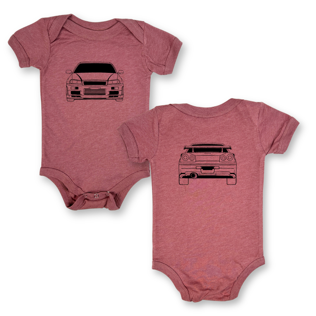 Pink Bodysuit for baby featuring front and back design of Nissan R34 GTR | Onesie by Gearhead Kids - car clothes for kids.