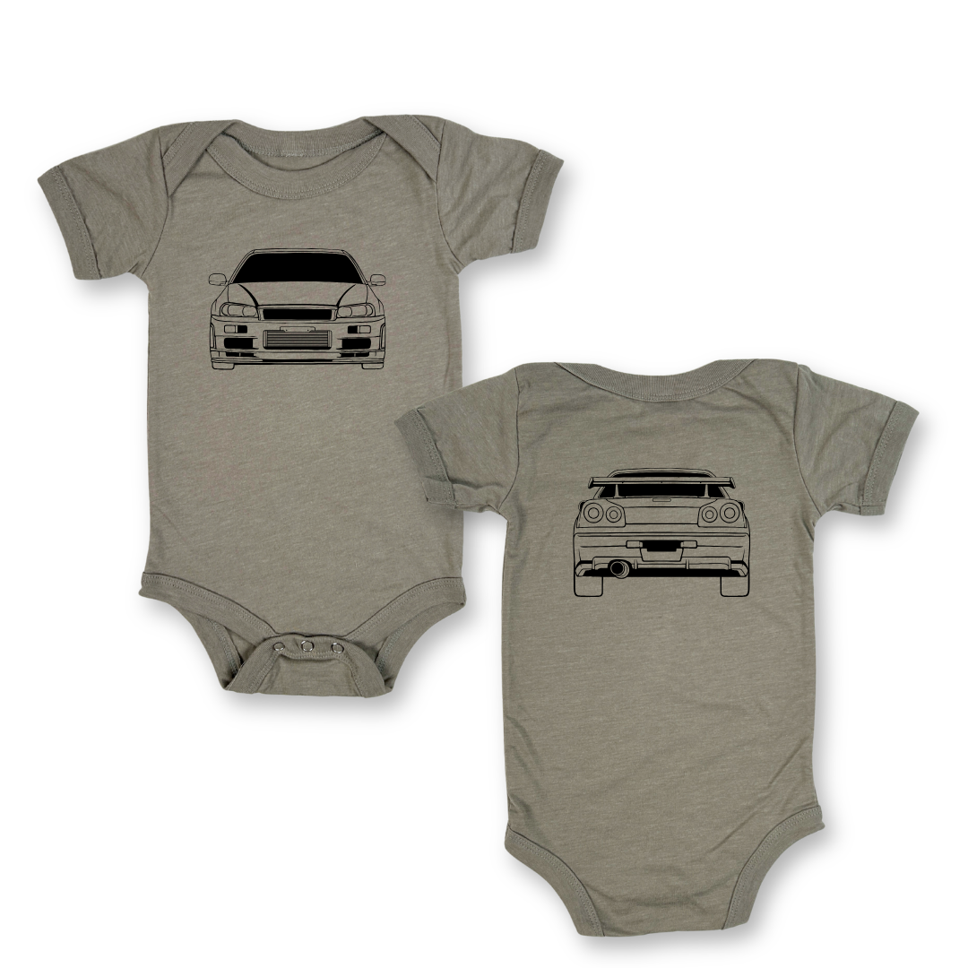 Front and back design of a R34 Onesie for babies - Stone color Nissan GTR bodysuit for baby | Gearhead Kids 