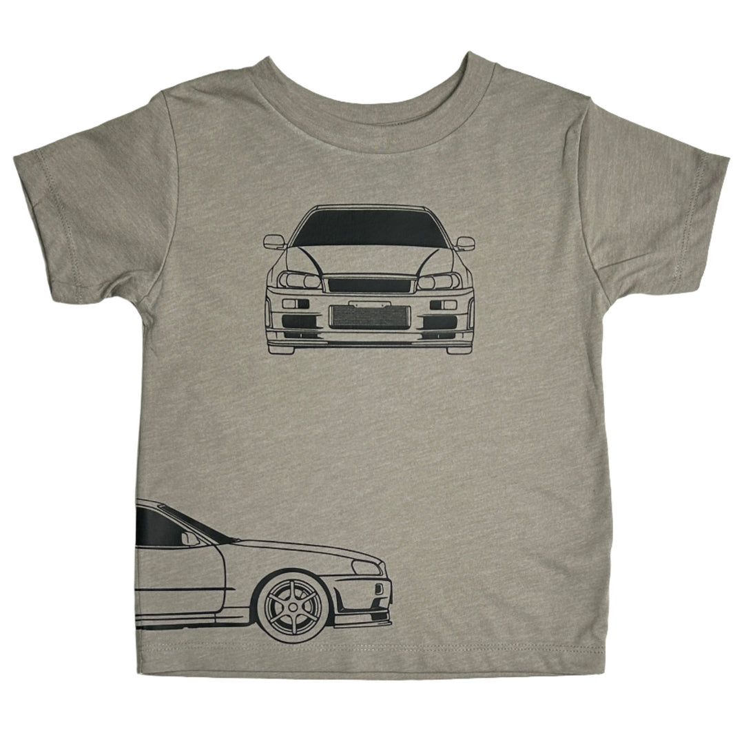 Minimalist Nissan GT-R R34 graphic t-shirt for kids in stone - front view - Gearhead Kids
