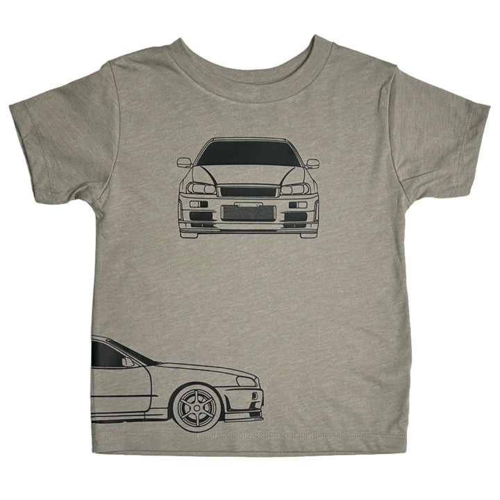 Minimalist Nissan GT-R R34 graphic t-shirt for kids in stone - front view - Gearhead Kids