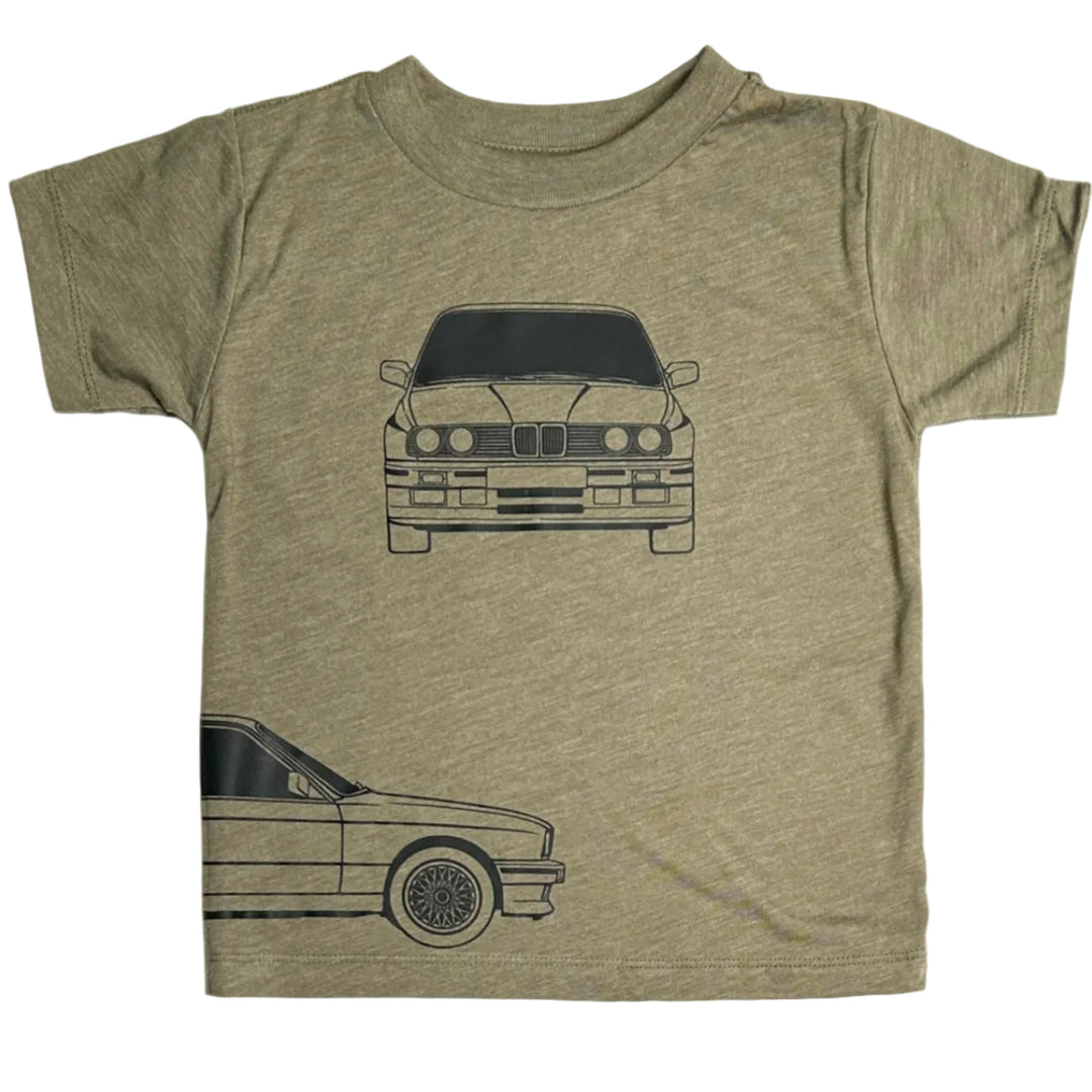 Hand-pressed DTF BMW M3 silhouette on a high-quality kids t-shirt in olive - front view - Gearhead Kids