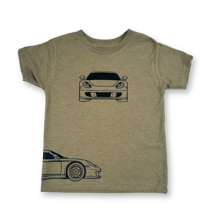 Olive color Carrera GT Outline t-shirt with three-way car profile graphics front view - Gearhead Kids
