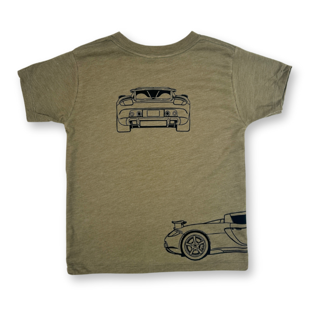 Olive color Carrera GT Outline t-shirt with three-way car profile graphics back view - Gearhead Kids