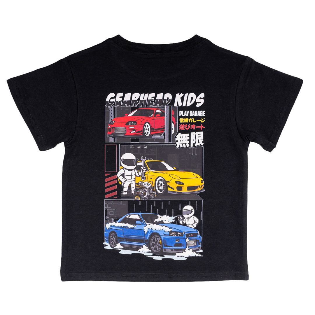 Gearhead Kids - Play Garage - JDM Legend Cars black t-shirt featuring Nissan GTR R34 Godzilla, Toyota Supra,  Mazda RX-7.   Car clothes for kids.