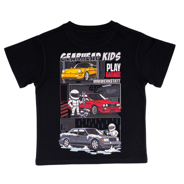 Gearhead Kids Play Garage T-shirt for Kids featuring Porshe 911, Porsche 964, Mercedes 190E Evo II and BMW E30 M3.  Car Clothes for Kids.