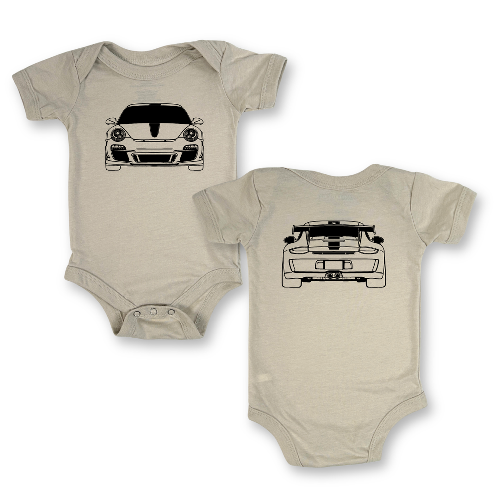 Dust Color Onesie featuring front and back outlines of Porsche GT3 RS racecar.  Gearhead Kids Outline Collection for babies.
