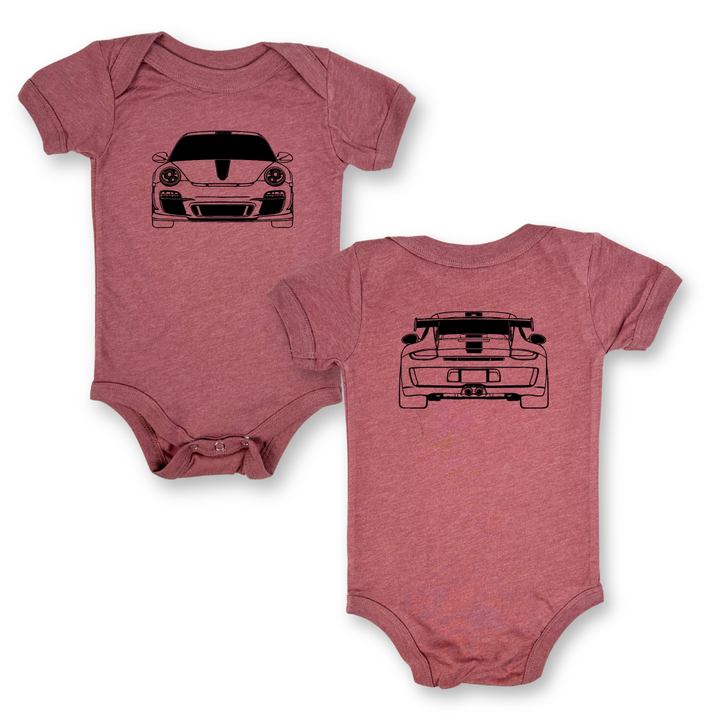 Mauve Color Onesie featuring front and back outlines of Porsche GT3 RS racecar.  Gearhead Kids Outline Collection for babies.