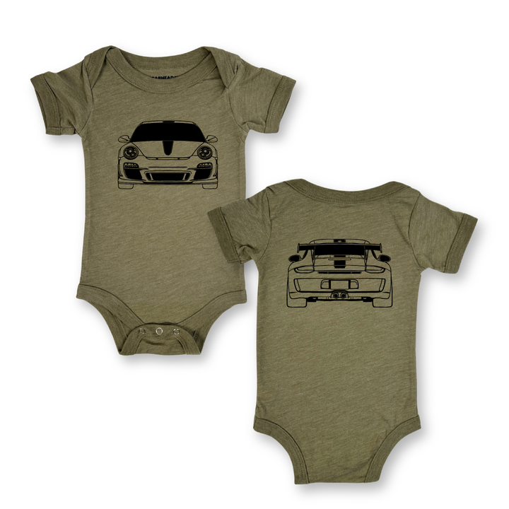 Olive Color Onesie featuring front and back outlines of Porsche GT3 RS racecar.  Gearhead Kids Outline Collection for babies.