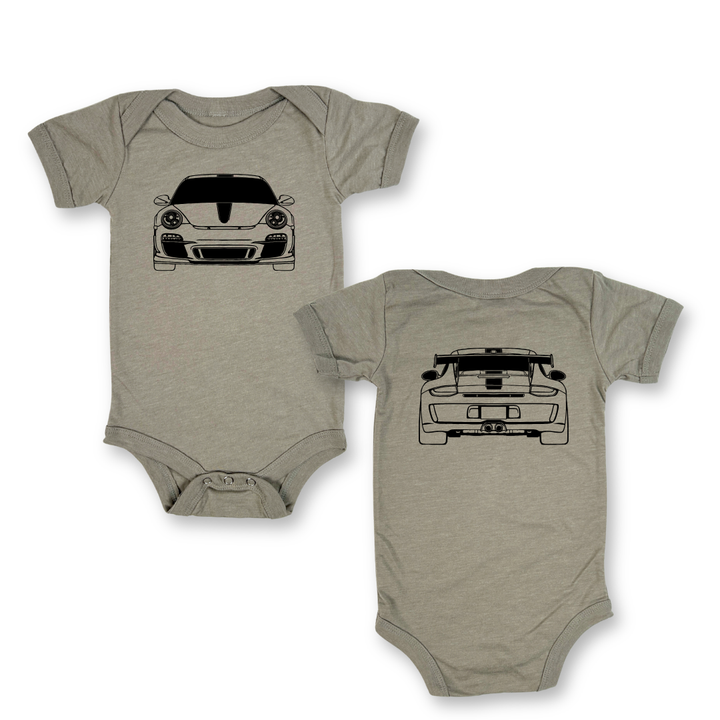 Stone Color Onesie featuring front and back outlines of Porsche GT3 RS racecar.  Gearhead Kids Outline Collection for babies.