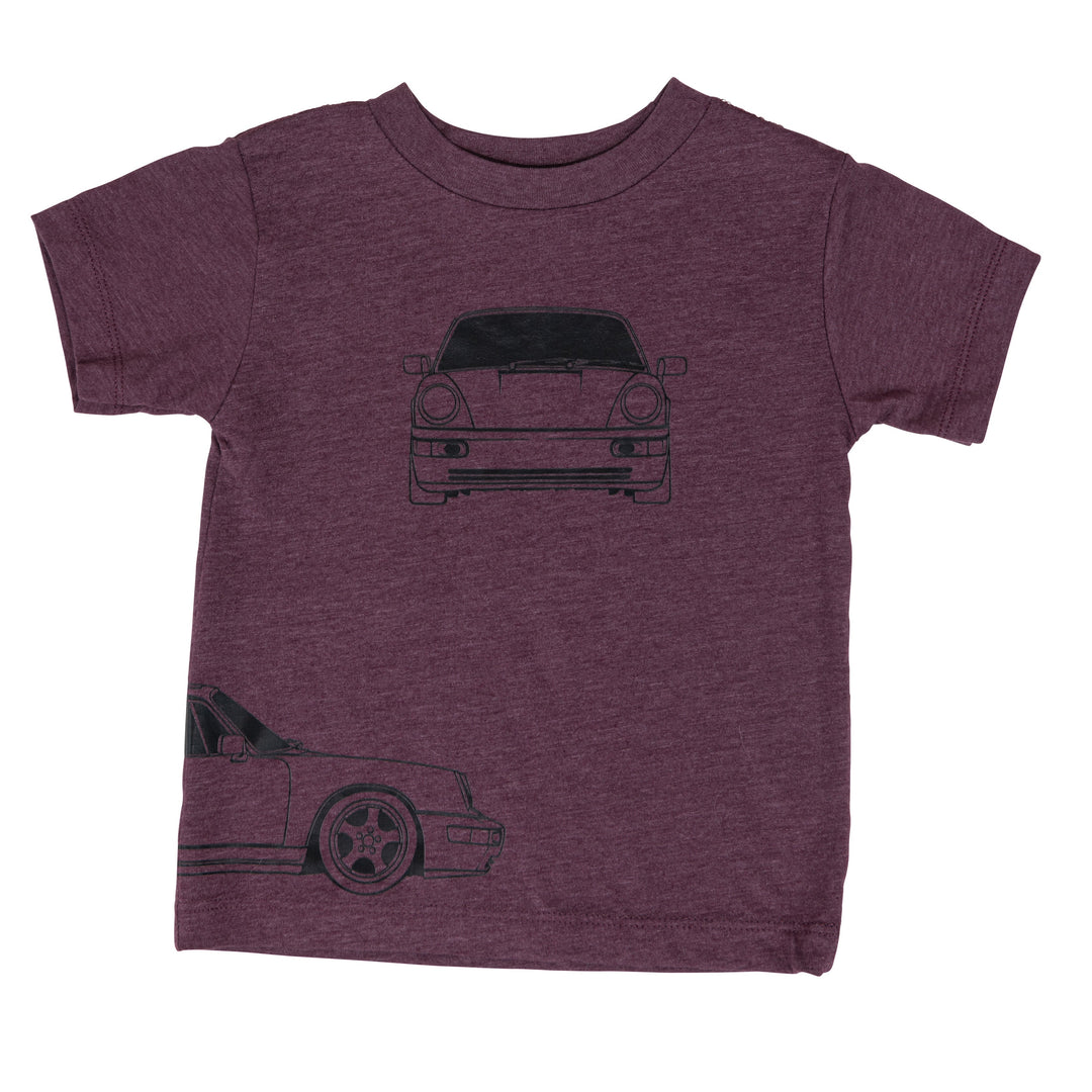 Minimalist Porsche 964 graphic tee in maroon front view - Gearhead Kids