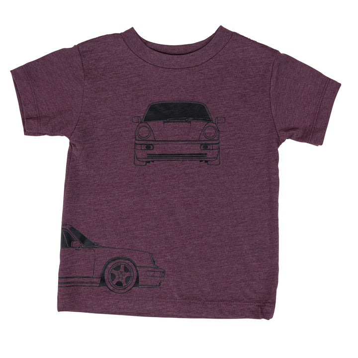 Minimalist Porsche 964 graphic tee in maroon front view - Gearhead Kids