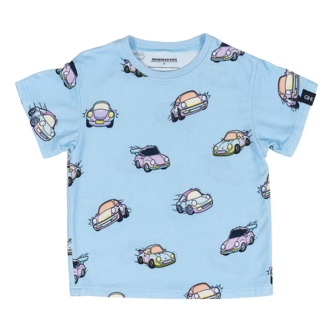 Baby blue kids t-shirt with air-cooled Porsche 911 print - Gearhead Kids