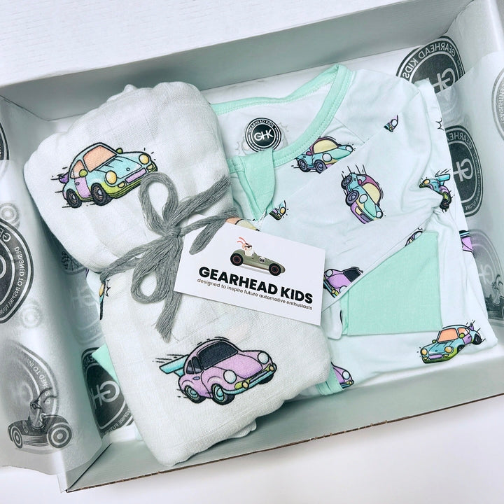 Matching Porsche 911 pajamas and muslin swaddle blanket gift set - Gearhead Kids