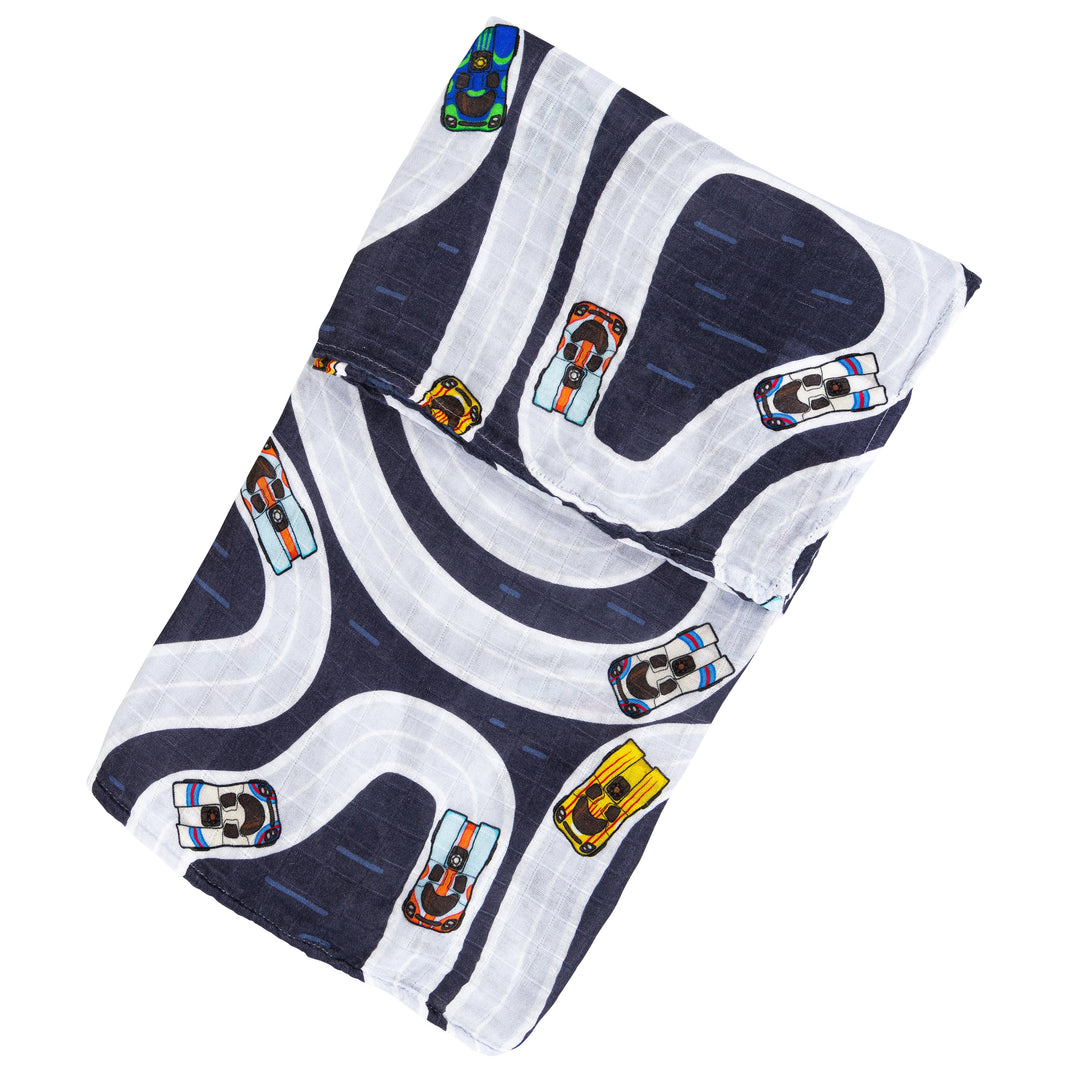 Porsche 917 on a race track pattern - soft and breathable muslin swaddle blanket, car themed baby gift - Gearhead Kids