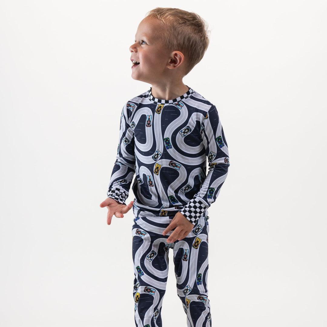 Little Boy wearing Porsche 917 Race track pajamas - Gearhead Kids