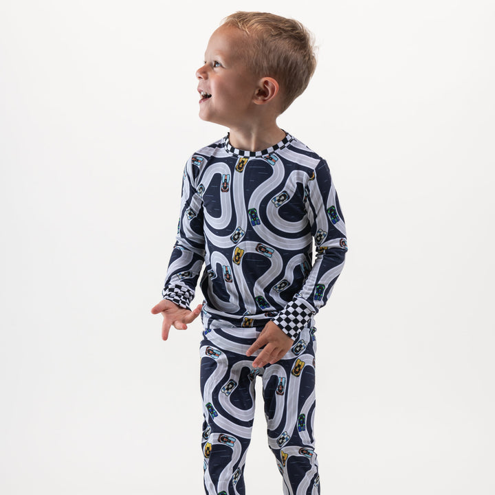 Little Boy wearing Porsche 917 Race track pajamas - Gearhead Kids