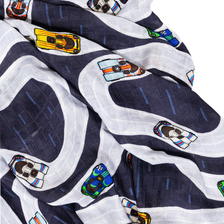 Porsche 917 on a race track pattern - muslin swaddle blanket, car themed baby gift - Gearhead Kids