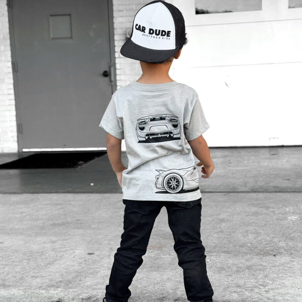 Child wearing the 918 Spyder triple-profile blueprint t-shirt - Gearhead Kids