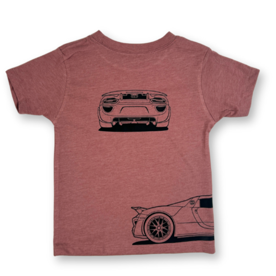 Hand-pressed 918 Spyder silhouette on a soft ringspun cotton blend tee in mauve color - back view - Gearhead Kids