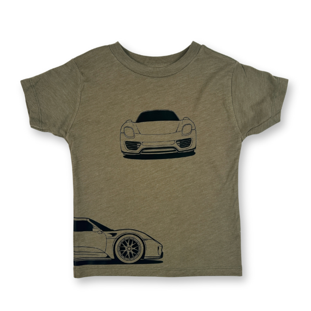 Porsche 918 Spyder Outline t-shirt  in olive with three car profile views | front view - Gearhead Kids