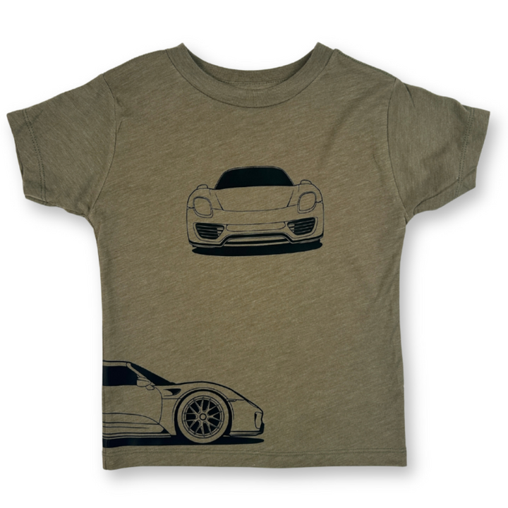 Porsche 918 Spyder Outline t-shirt  in olive with three car profile views | front view - Gearhead Kids