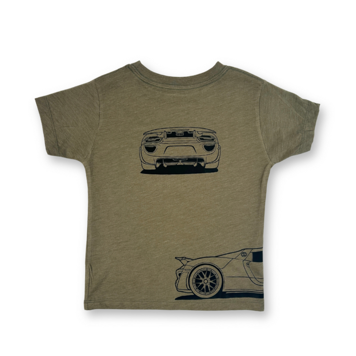 Porsche 918 Spyder Outline t-shirt  in olive with three car profile views - back view - Gearhead Kids