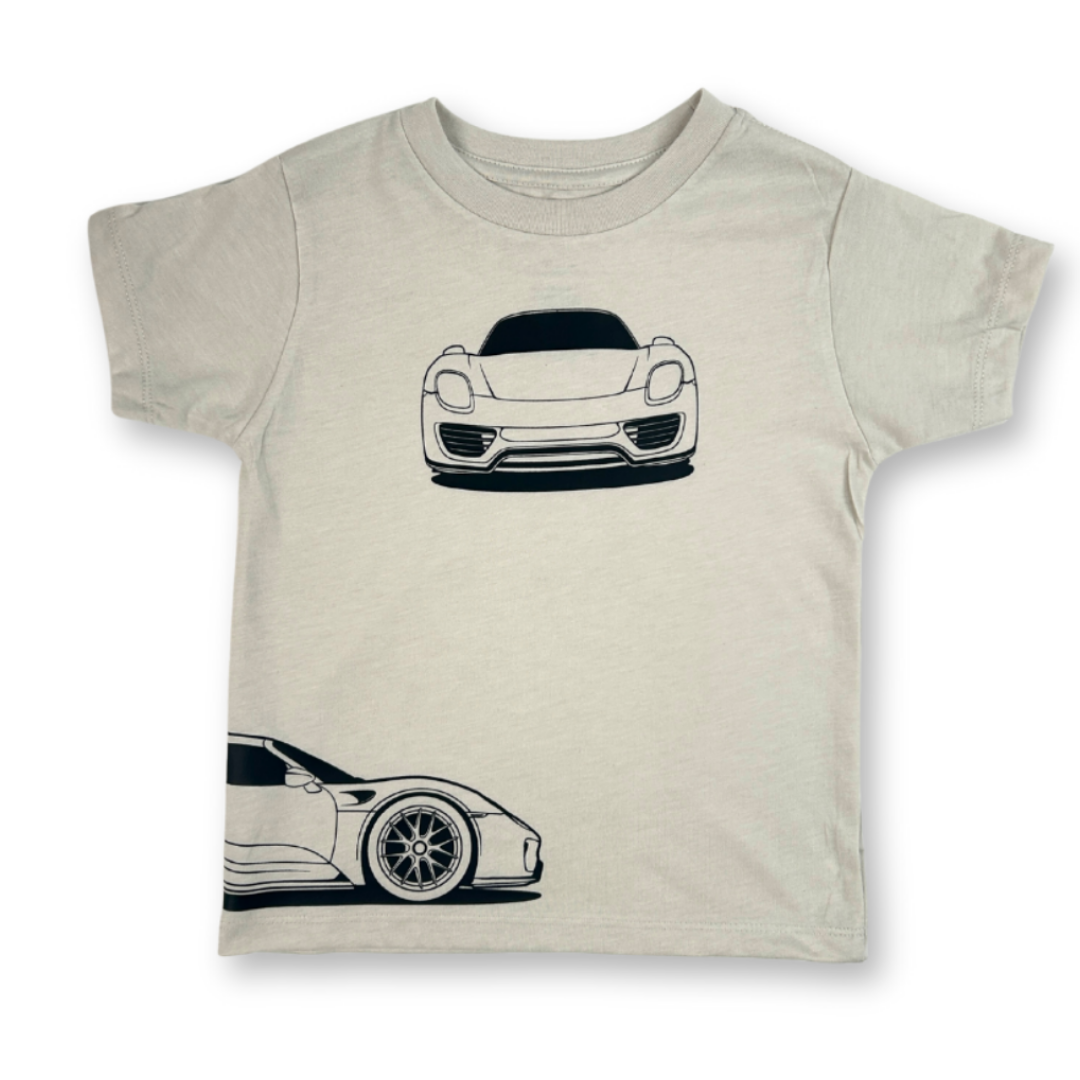 Minimalist Porsche 918 Spyder graphic tee in dust - front view - Gearhead Kids