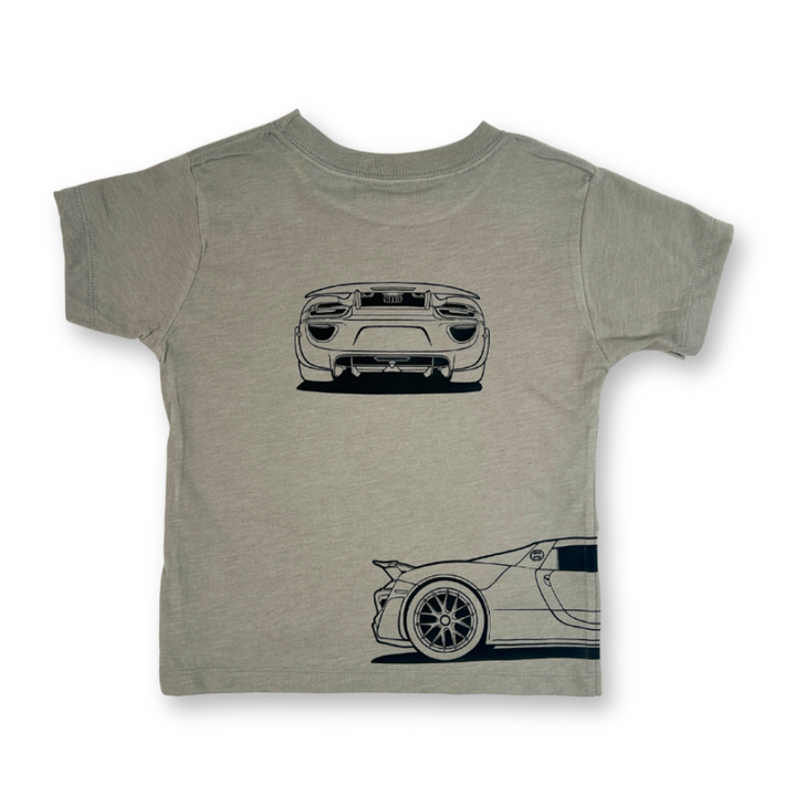 Minimalist Porsche 918 Spyder graphic tee in stone - back view - Gearhead Kids