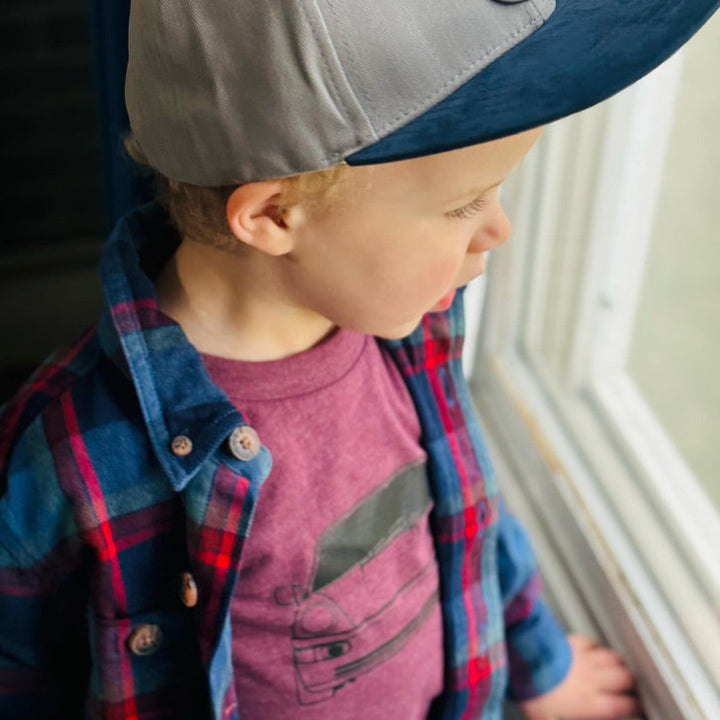 Little boy wearing a Porsche 964 graphic tee in maroon  - Gearhead Kids