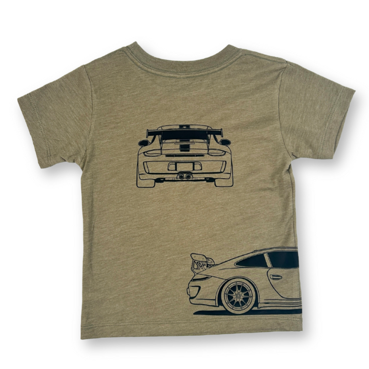 GT3RS Outline olive color t-shirt featuring front, back, and side car profile graphics in black | back view - Gearhead Kids