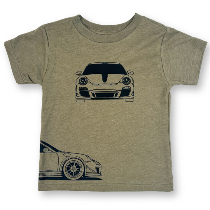 GT3RS Outline  olive color t-shirt featuring front, back, and side car profile graphics in black | Front view - Gearhead Kids