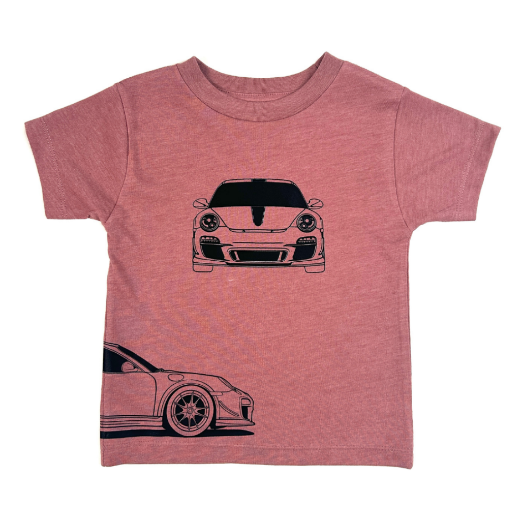 GT3RS Outline in mauve color t-shirt featuring front, back, and side car profile graphics in black | front view - Gearhead Kids