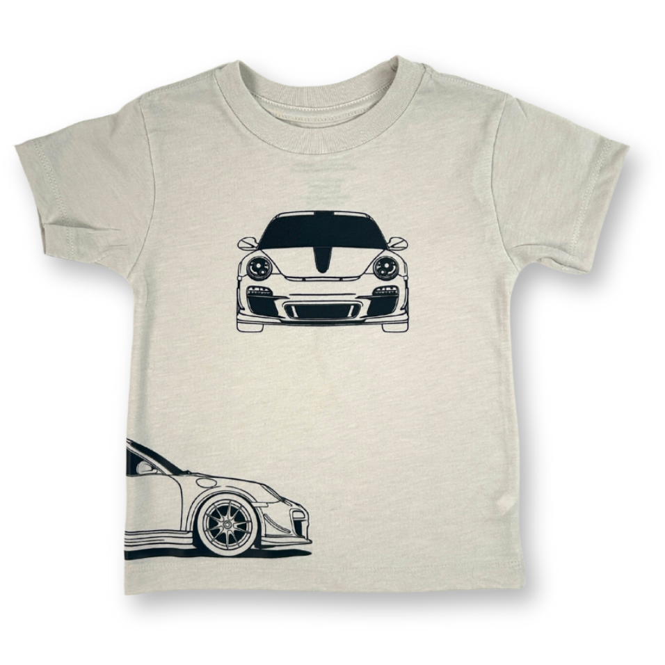 GT3RS Outline dust color t-shirt featuring front, back, and side car profile graphics in black / front view - Gearhead Kids