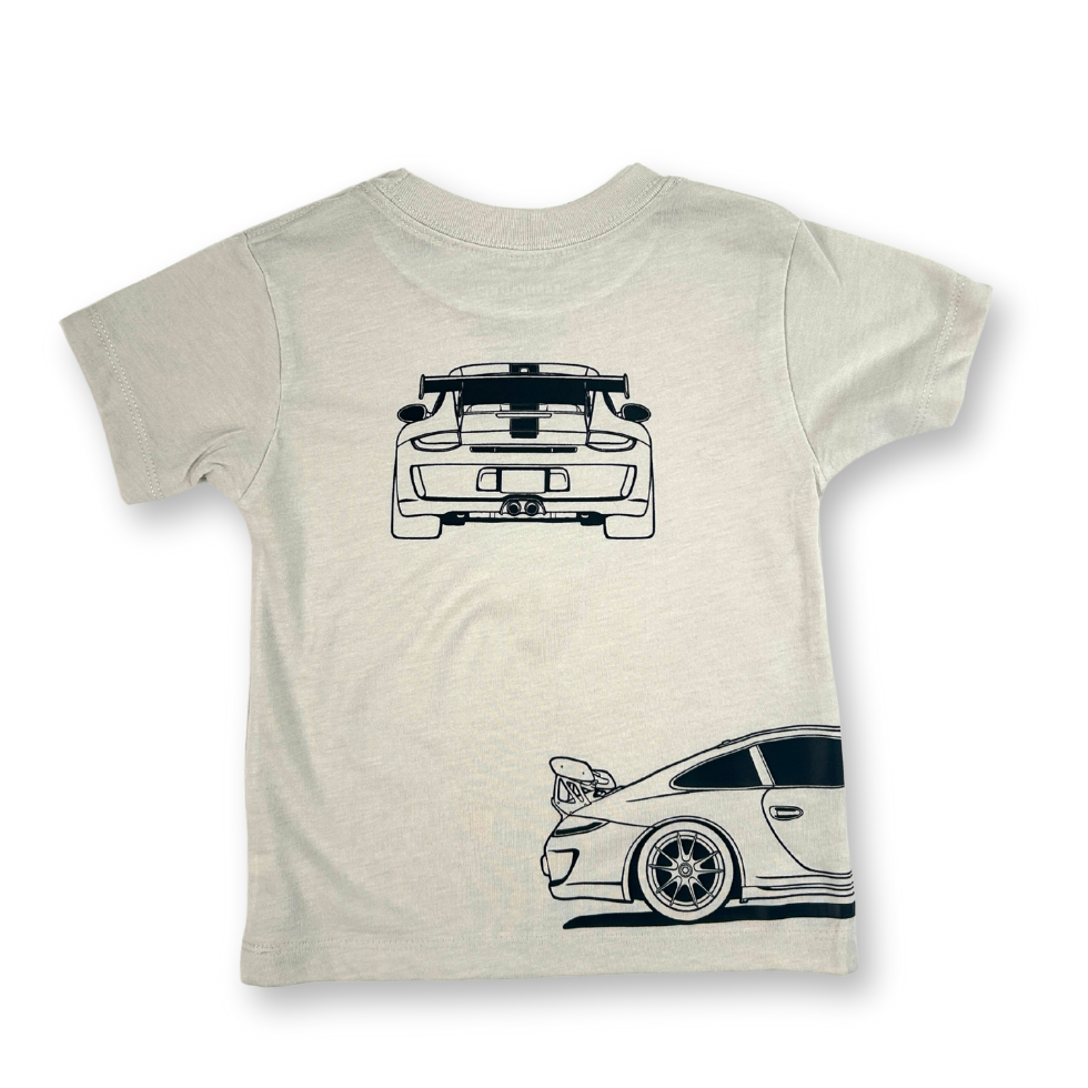 GT3RS Outline dust color t-shirt featuring front, back, and side car profile graphics in black |  Back view - Gearhead Kids
