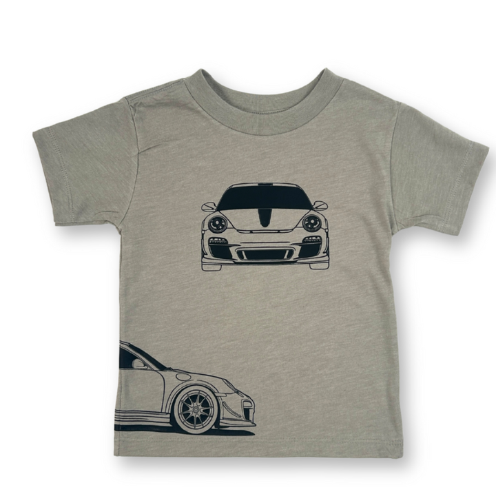 GT3RS Outline stone color t-shirt featuring front, back, and side car profile graphics in black | front view - Gearhead Kids