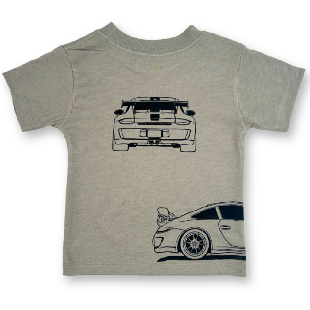 GT3RS Outline stone color t-shirt featuring front, back, and side car profile graphics in black | back view - Gearhead Kids