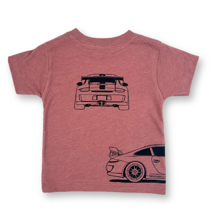 GT3RS Outline mauve color t-shirt featuring front, back, and side car profile graphics in black | back view - Gearhead Kids