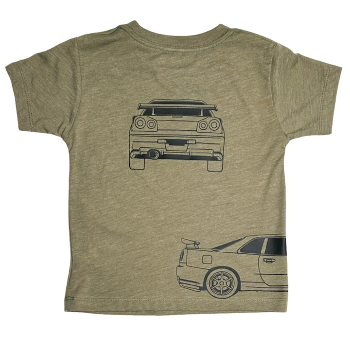 Minimalist Nissan GT-R R34 graphic t-shirt for kids in olive - rear view  Gearhead Kids