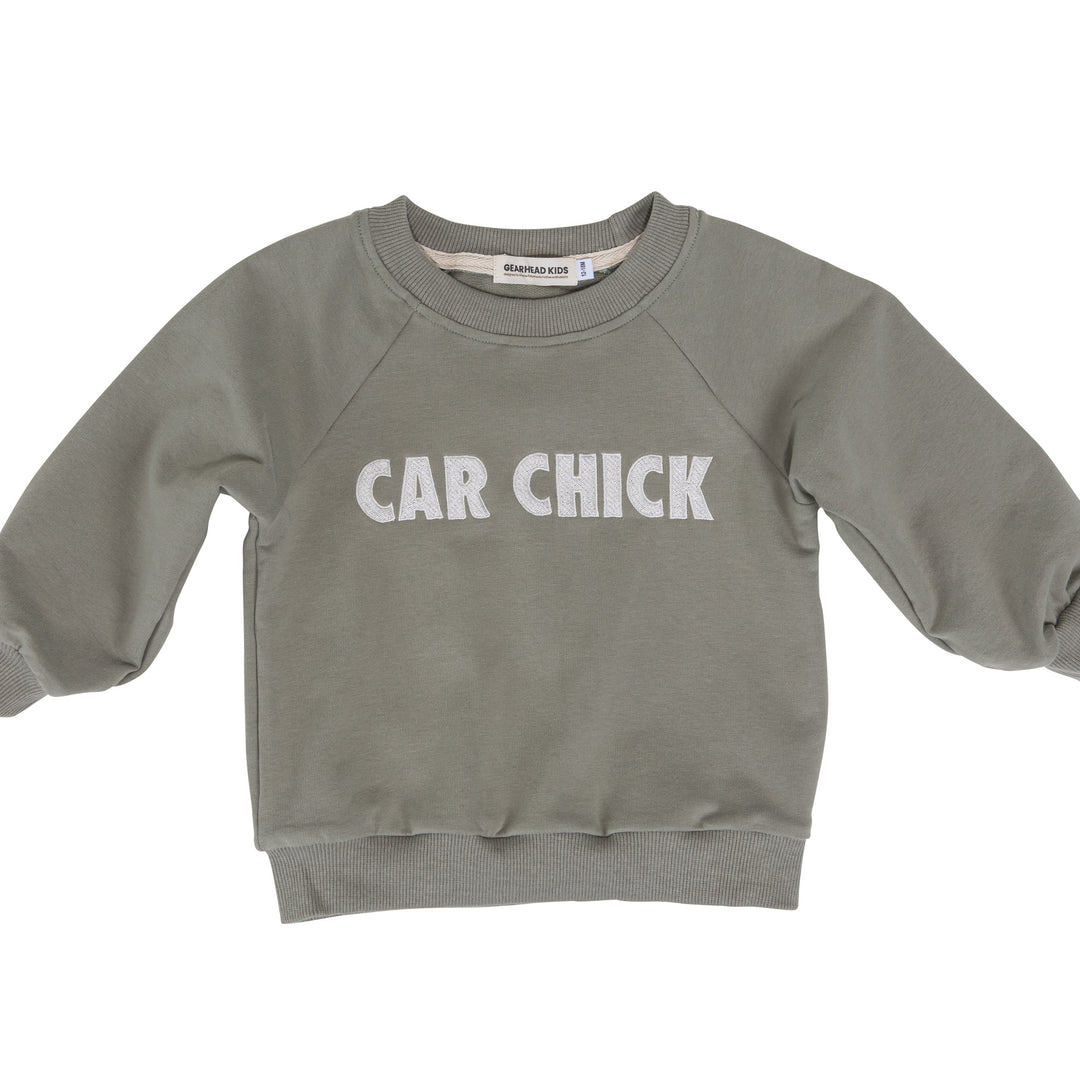 Sage green crewneck for little CAR CHICK girl car enthusiast - Gearhead Kids