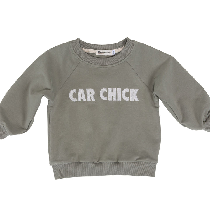 Sage green crewneck for little CAR CHICK girl car enthusiast - Gearhead Kids